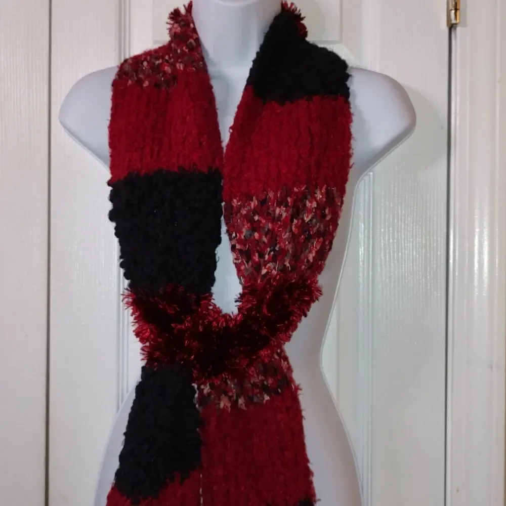 Cejon red black scarf soft fuzzy multi texture scarf